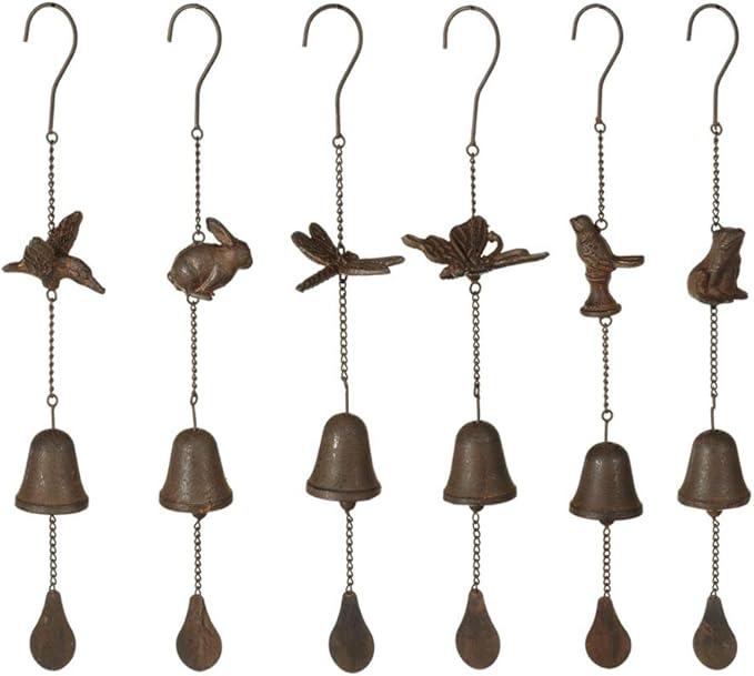 Set of 6 Rusted Brown Outdoor Patio Bird and Animals Wind Chime Cast Iron 18.75"