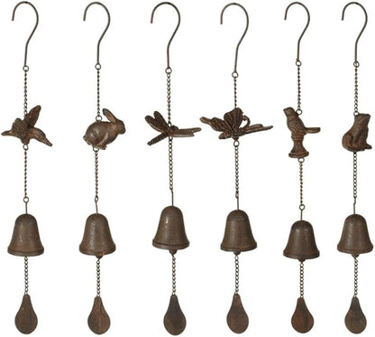 Set of 6 Rusted Brown Outdoor Patio Bird and Animals Wind Chime Cast Iron 18.75"