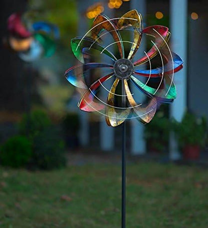 Plow & Hearth Solar Lighted 18 LEDs Flower Metal Wind Spinner | Antique | Bi-Direction Rotors | Dual-Motion | Over 6ft Tall | Easy Assembly