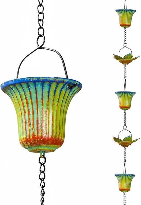 dreamysoul Rain Chains for Gutters, 11 FT Rain Catcher Chains with 16 Cups, Adjustable Rain Chain for Outside, Replacement for Downspout, Eaves, Drainage