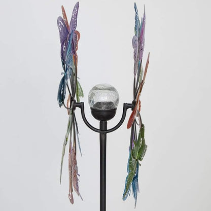 Bits and Pieces - LED Butterfly Solar Wind Spinner-Solar Powered Glass Ball Emits Color-Changing Light - Made of Metal and Steel