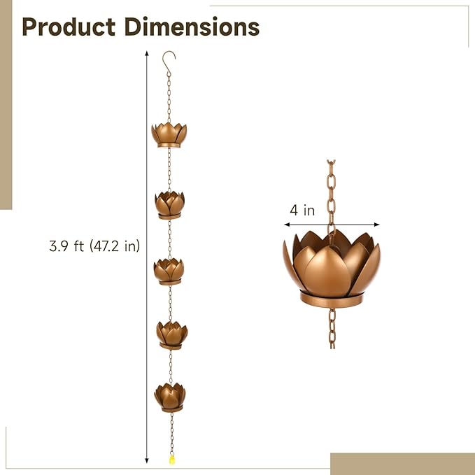 Cup Rain Chain 3.9 Ft, 5 Copper Cups And Yellow Crystal Gutter Downspout, Decorative Replacement