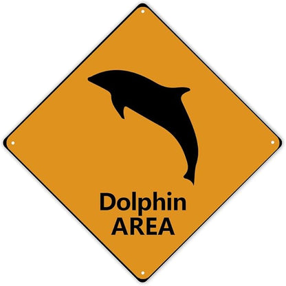 Warning Dolphin Area Metal Tin Sign Ocean Animal Caution Crossing Xing Street Sign Yellow Diamond Shape Funny Metal Sign For Indoor Outdoor Highway15x15in
