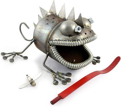 Modern Artisans Crazy Chameleon Lizard Reclaimed Metal Garden Sculpture with Bouncy Tongue, American Made, 30"