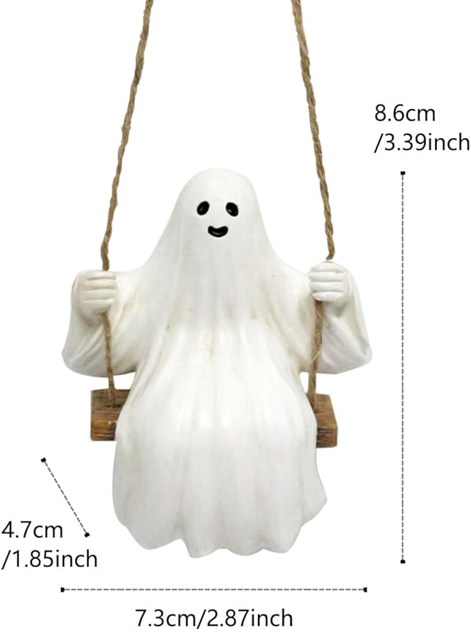 Swing Ghost Garden Statue Outdoor Halloween Decor, 3.39 Inch Cute Ghost Figurine Resin Sculpture Funny Tree Hanging Ornaments for Patio Lawn Yard