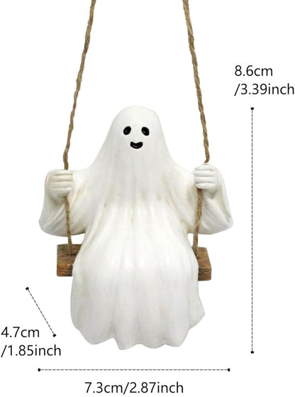 Swing Ghost Garden Statue Outdoor Halloween Decor, 3.39 Inch Cute Ghost Figurine Resin Sculpture Funny Tree Hanging Ornaments for Patio Lawn Yard