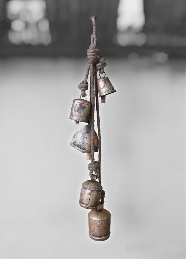 Mango Gifts Vintage Bells Hanging Chimes with Rustic Jute Rope, Tranquil Wind Chimes for Garden, Bohemian Decor, Outdoor and Patio Decoration (MGT29)