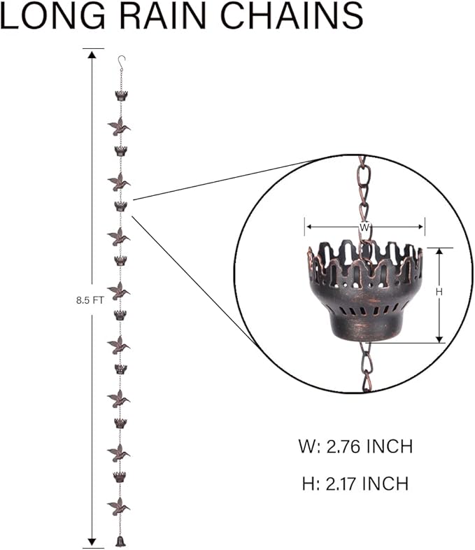 8.5Ft Hummingbird and Cup Rain Chain Outdoor Decorative Rain Gutter Drain Rain Catcher Gutter Chain with Bell