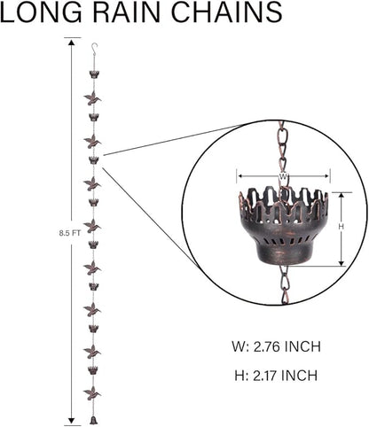 8.5Ft Hummingbird and Cup Rain Chain Outdoor Decorative Rain Gutter Drain Rain Catcher Gutter Chain with Bell