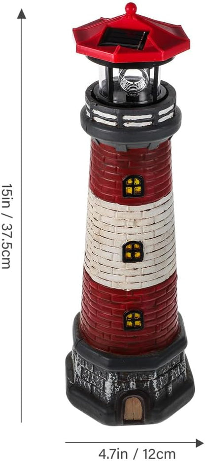 Solar Lighthouse Outdoor Statues, 360° Rotating Beacon Garden Lighthouse, 15" Light House for Outside Garden Yard Decor, Waterproof Resin Nautical Figurines for Patio Lawn Landscape Lighting (Red)