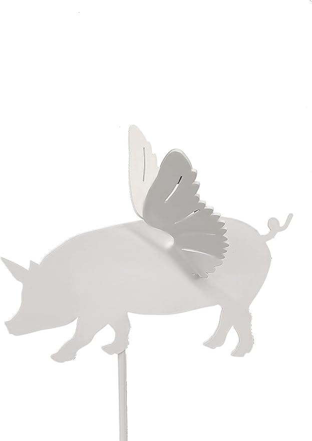 Pets and Farm Animals Metal Garden Landscape Stake (9" Wide Flying Pig on Stake, White Speckled)