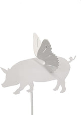 Pets and Farm Animals Metal Garden Landscape Stake (9" Wide Flying Pig on Stake, White Speckled)
