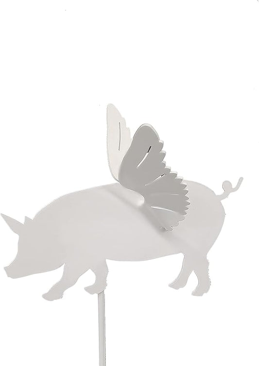 Pets and Farm Animals Metal Garden Landscape Stake (9" Wide Flying Pig on Stake, White Speckled)