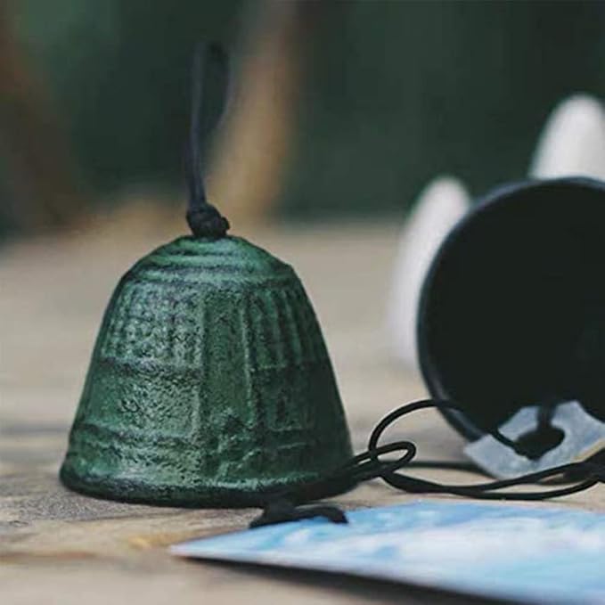 Japanese Bless Small Wind Chimes Outdoor, Green Temple Bell Iwachu Cast Iron Lucky Temple Wind Bell Memorial and Sympathy Wind Chimes for Outside or Indoor for Good Luck Garden, Patio, Balcony