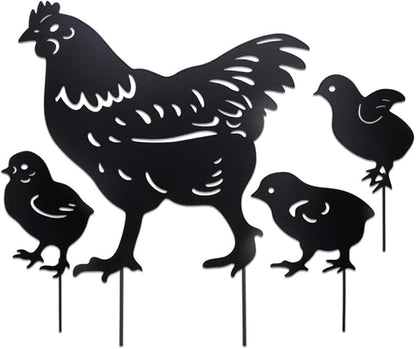4Pcs Metal Chicken Garden Decorative Statues Distinct Hen and Chicks Silhouette Design,Black Hollow-Cut Yard Art, Perfect Decor for Lawns Yard Gardens