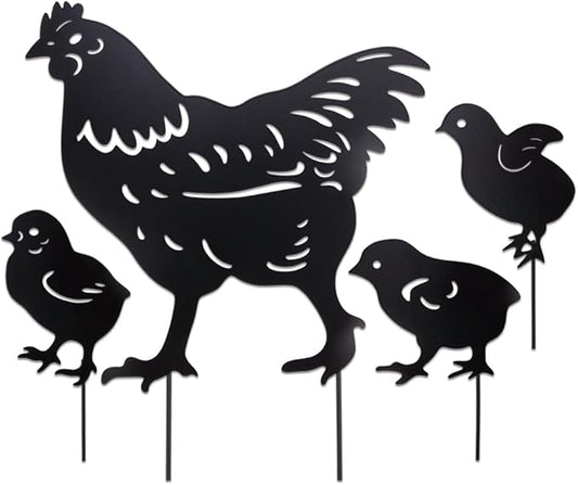4Pcs Metal Chicken Garden Decorative Statues Distinct Hen and Chicks Silhouette Design,Black Hollow-Cut Yard Art, Perfect Decor for Lawns Yard Gardens