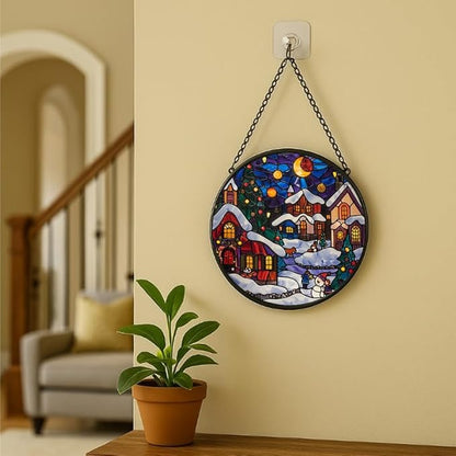 Stained Glass Window Hanging - Christmas Snowy Village at Night Sun Catchers Panel for Indoor Decorative Display for Mom, Wife, Lovers, Festive