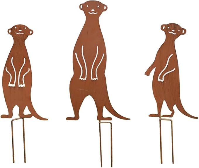 3Pcs Rusty Garden Decorative Stakes Metal Animals Garden Decor Meerkat Statues Outside Yard Art Sculptures Patio Lawn Ornaments