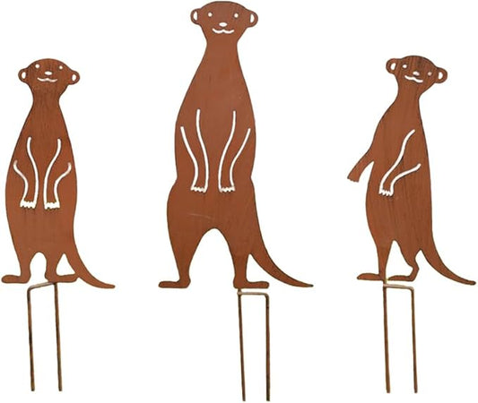 3Pcs Rusty Garden Decorative Stakes Metal Animals Garden Decor Meerkat Statues Outside Yard Art Sculptures Patio Lawn Ornaments