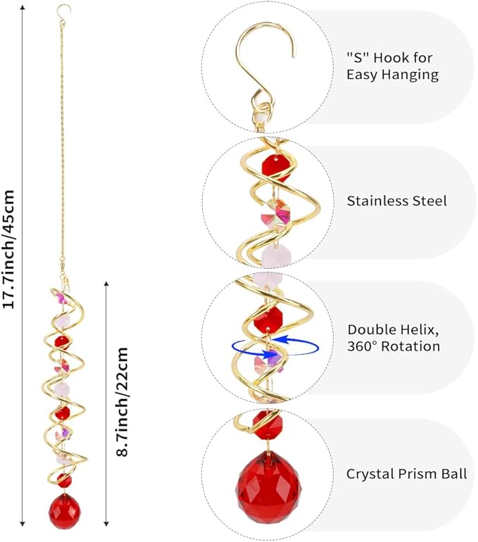 Crystal Suncatchers Decorative Sun Catchers Crystal Hanging Wind Spinners with Red Prism Ball Rainbow Maker Suncatchers for Windows Hanging Outdoor Indoor Home Garden Decoration Gifts for Girl