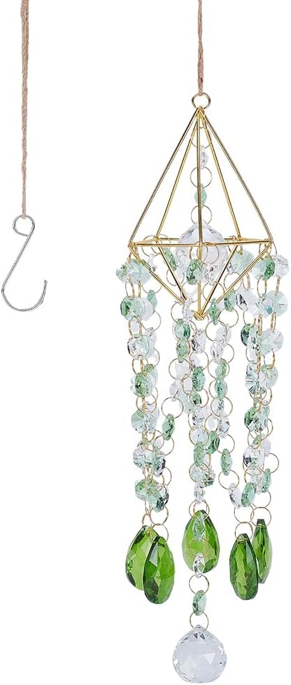 21.2In Crystal Wind Chimes Suncatcher Large Green Prism Sun Catcher Glass Octagonal Bead Chains Rainbow Maker Prisms Wind Chime for Window Hanging Ornament Home Garden Decor Indoor Outdoor