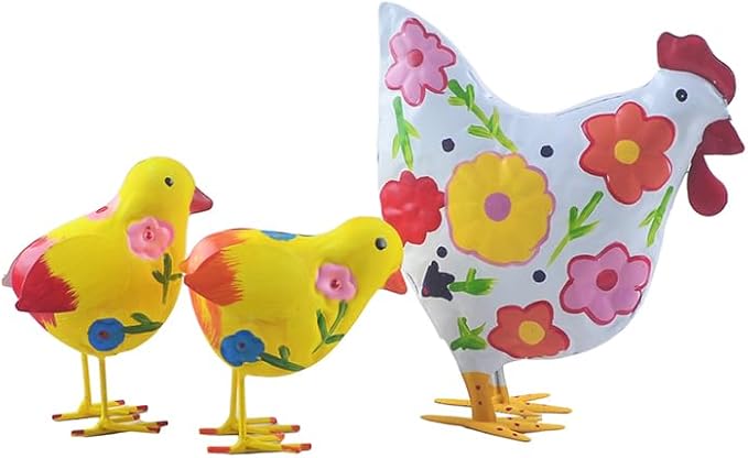Chicken Statue Metal Hen and Chick Animal Sculpture Garden Decoration Metal Yard Art for Patio Lawn Backyard Outdoor Decoration A Set of 3