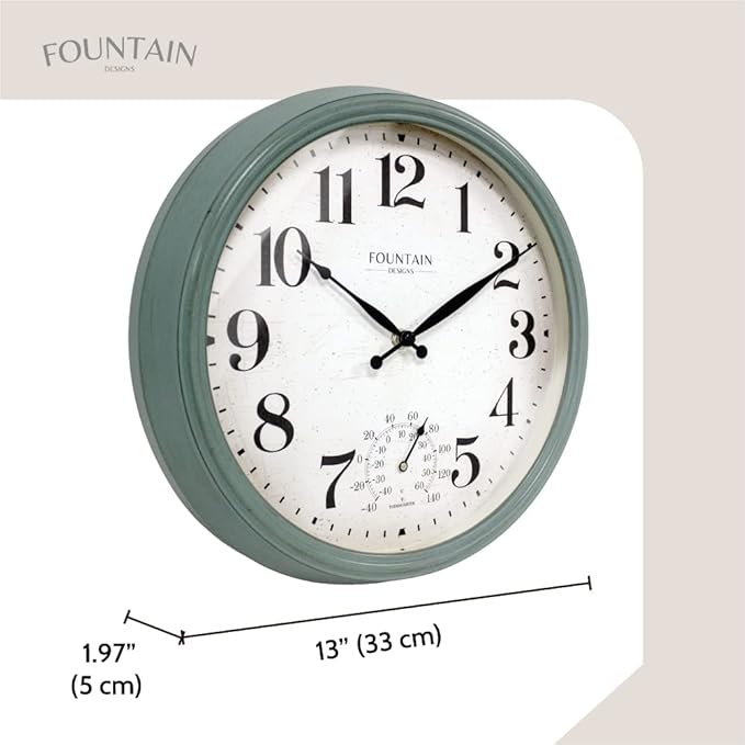 Maison in/Outdoor Clock with Thermometer, 2 in One Weather Station (Weather Thermometer/Wall Decoration) (Aged Teal, 13 inch)
