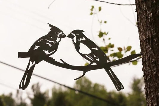 Metal Bird Decor, Corten Steel Metal Outdoor Art, Rustic Metal Birds Outdoor Decor for Garden, Yard, Tree, Metal Bird Tree Stake (Kiss the Cardinal) Made in the U.S.A.