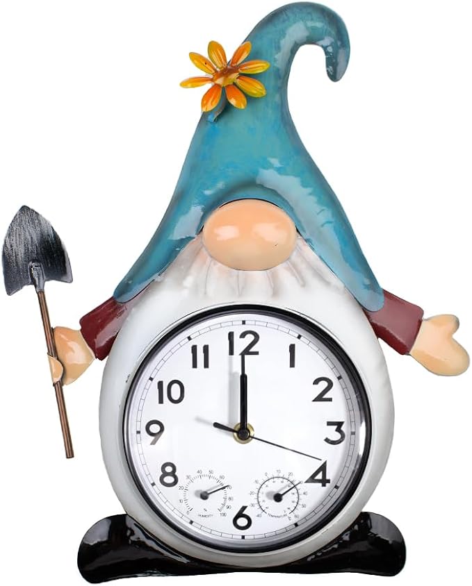 Gnome Outdoor Clock with Thermometer & Humidity, 14.5'' Quartz Outdoor Wall Clock Silent No-Ticking for Patio, Living Room, Kitchen