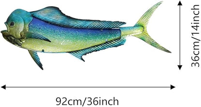 LIFFY Metal Mahi Wall Art Indoor Outdoor Metal Fish Wall Decor Fish Wall Hanging Decorative Ornaments Glass Nautical Theme Home Wall Decorations for Office,Pool,Bathroom - 36 Inches Long