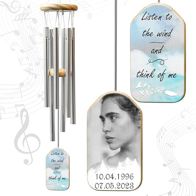 Personalized Sympathy Wind Chimes for Loss of Loved One, 17 Inches, Blue Sky - Add Photo and Text - Metal Tubes and Custom Wooden Striker Windcatcher