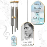 Personalized Sympathy Wind Chimes for Loss of Loved One, 17 Inches, Blue Sky - Add Photo and Text - Metal Tubes and Custom Wooden Striker Windcatcher