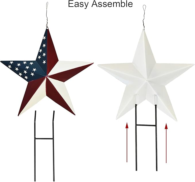 Metal American Star Yard Sign Outdoor Garden Stake Decor Patriotic Star Barn Ornaments US Flag Barn Star Decorative Yard Signs Stakes Lawn Art Sign for 4th of July Memorial Veterans Day