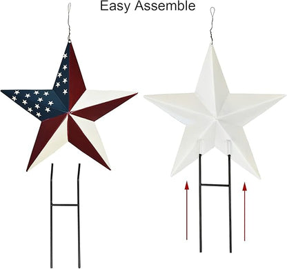 Metal American Star Yard Sign Outdoor Garden Stake Decor Patriotic Star Barn Ornaments US Flag Barn Star Decorative Yard Signs Stakes Lawn Art Sign for 4th of July Memorial Veterans Day