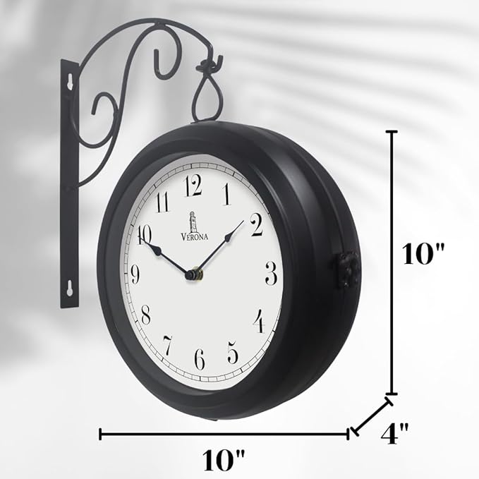 Metal Double Sided Wall Clock 10" - Decorative Indoor Outdoor Double Sided Clock - Easy to Read, Hanging Train Station Style for Patio, Garden, Office & More - Antique Style Outside Corner Wall Decor
