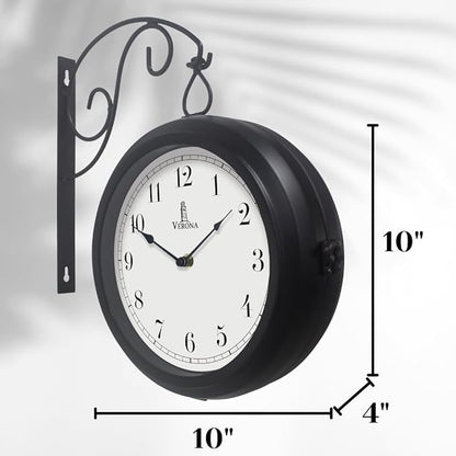 Metal Double Sided Wall Clock 10" - Decorative Indoor Outdoor Double Sided Clock - Easy to Read, Hanging Train Station Style for Patio, Garden, Office & More - Antique Style Outside Corner Wall Decor
