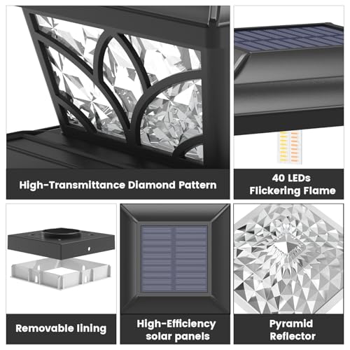Solar Post Cap Lights - Flickering Flame, 4 Modes, 6 Pack (Black)