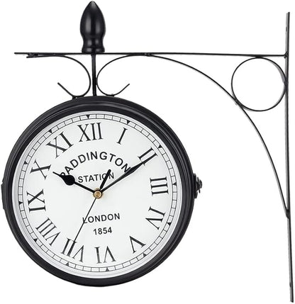JHY DESIGN 12-Inch Double-Sided Wall Clock Waterproof Indoor Outdoor Clock Hanging Metal Clock Battery Operated Decorative for Home Corner Patio Pool Garden Decor (Black)