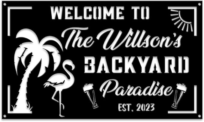 MeMate Flamingo House Signs, Flamingo House Metal Sign, Personalized Name Outdoor Sign, Flamingo House Outdoor Décor for Porch Deck Backyard Patio Pool, Flamingo Metal Sign Housewarming Gift for Family Friend 09