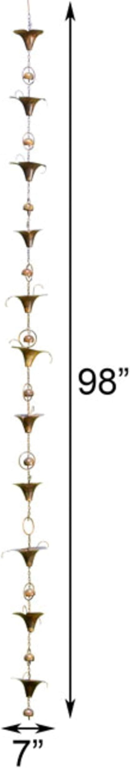 Ancient Graffiti Calla Lilies and Bells Rain Chains, Set of 2 Flamed Copper Colored Steel Downspout Replacements with Gutter Clips, 98 Inch Decorative Rain Catchers