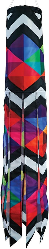 In the Breeze 5270 — Geometric Black & White 40-inch Illusion Windsock — Abstract Decor, Embroidered Details, Fully Printed Tails