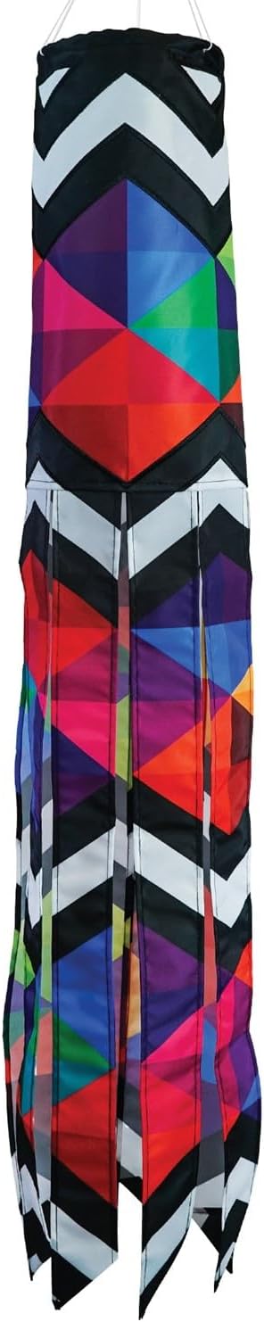 In the Breeze 5270 — Geometric Black & White 40-inch Illusion Windsock — Abstract Decor, Embroidered Details, Fully Printed Tails