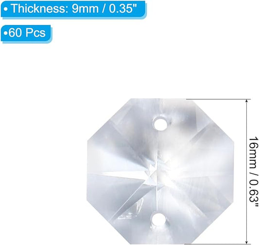 PATIKIL K9 Crystal Octagon Beads 2 Holes Pendants, 60 Pack 16mm Chandelier Prisms Parts Ornaments Hanging Beads for DIY Arts Crafts Decoration, Clear