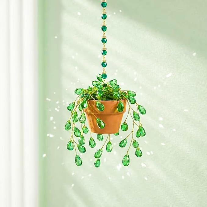Sun Catchers Indoor Window, Beaded Plant Kit Gifts for Plant Lovers Beaded Succulent Plants Green Waterdrop Beads Suncatchers for Windows Hanging with Chain Home Garden Décor Car Hanging Ornament