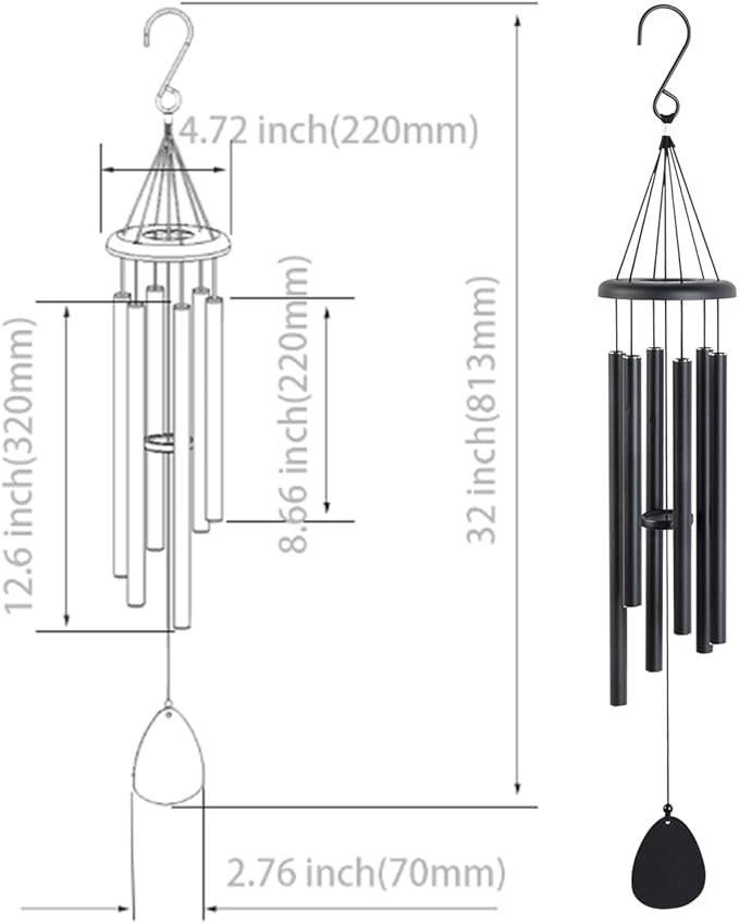 Metal WindChimes for Outside, 6 Tubes - 32 Inch Black Windchime, Weatherproof & Rustproof Outdoor Wind Chimes, Garden, Patio, Porch - Soothing Decorative Wind Chime, Unique Gift Idea