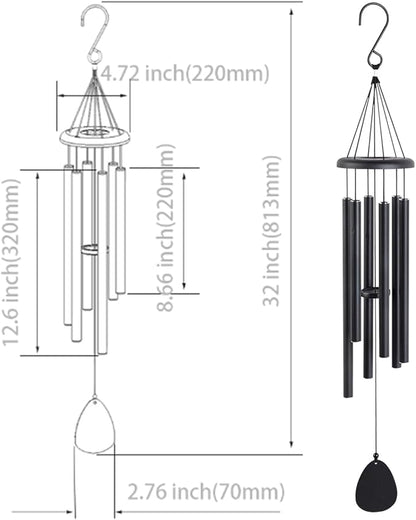 Metal WindChimes for Outside, 6 Tubes - 32 Inch Black Windchime, Weatherproof & Rustproof Outdoor Wind Chimes, Garden, Patio, Porch - Soothing Decorative Wind Chime, Unique Gift Idea