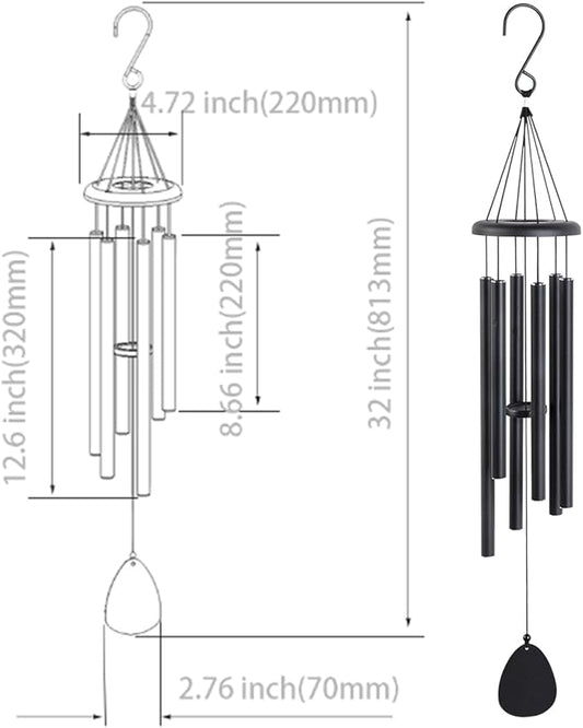 Metal WindChimes for Outside, 6 Tubes - 32 Inch Black Windchime, Weatherproof & Rustproof Outdoor Wind Chimes, Garden, Patio, Porch - Soothing Decorative Wind Chime, Unique Gift Idea