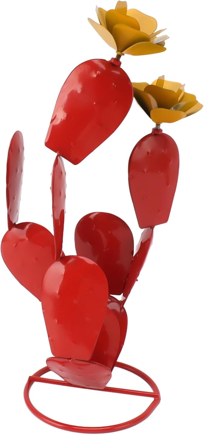 Metal Prickly Pear with Flowers, Iron Rustic Statue, Handcrafted Desert Garden Decor Sculpture for Yard Lawn Patio, Red Outdoor Metal Art