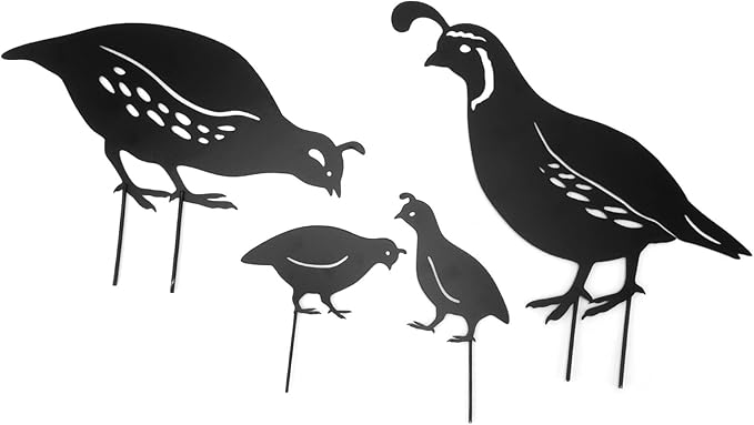 Semme 4pcs Handcrafted Metal Quail Family Yard Decor Unique Iron Art Stake Statue for Garden and Outdoor Spaces