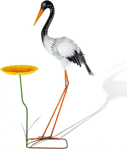 38" Metal Crane Garden Statue with Bird Bath, Large Outdoor Heron Sculpture,Rust-Proof Garden Sculptures & Statues,Yard Art for Patio & Backyard